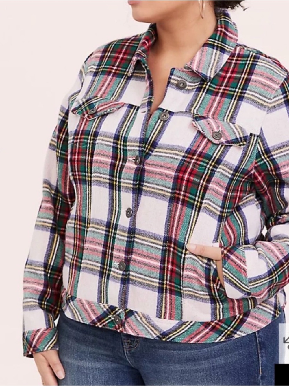 Plaid Button-Up Jacket in Red, Green & White